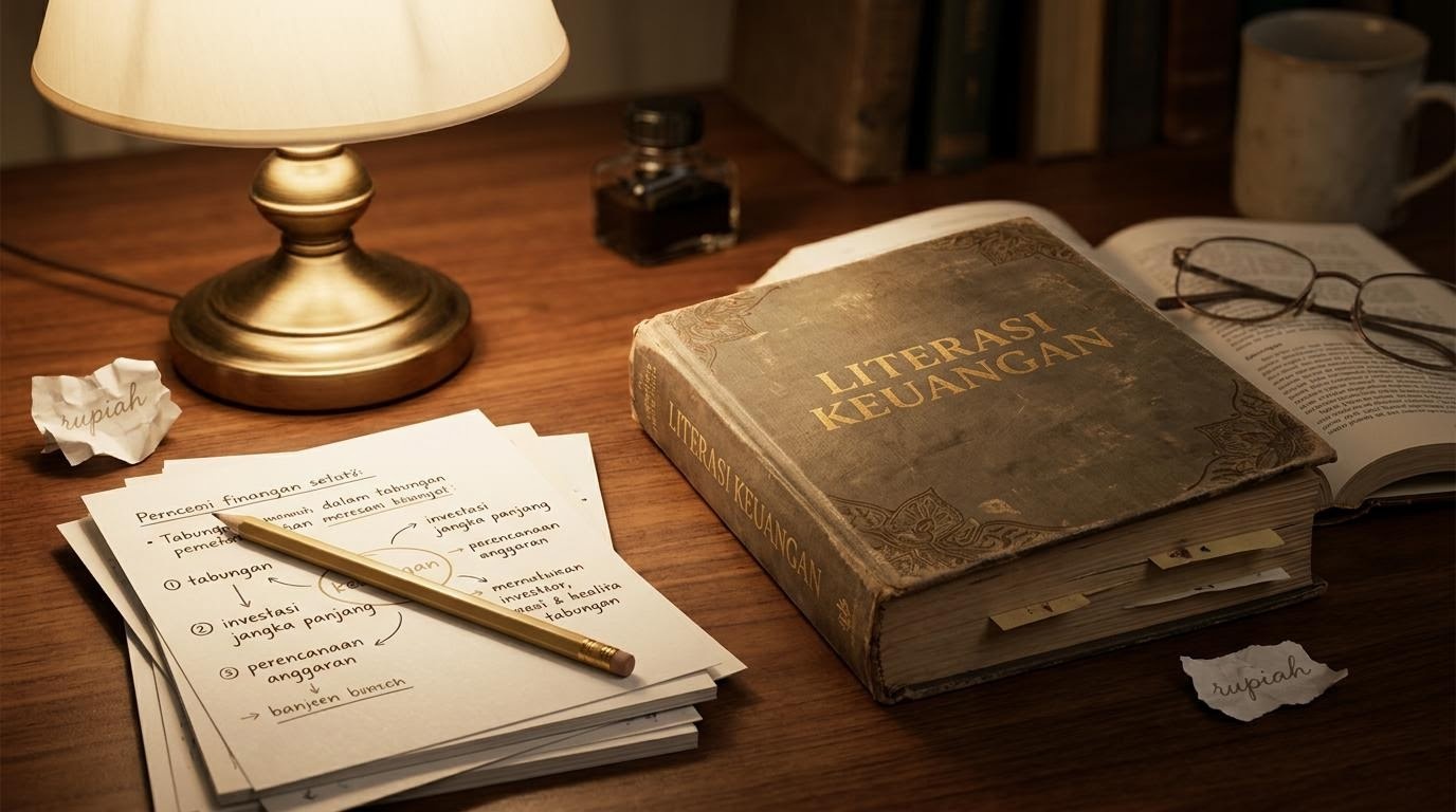 Lampu baca menyinari buku tebal tentang literasi keuangan di atas meja kayu.