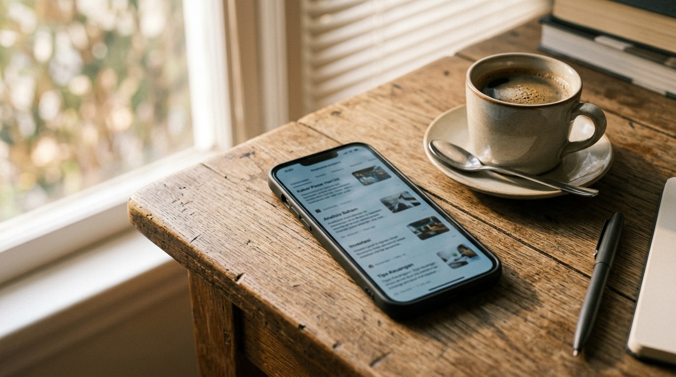 Layar ponsel menampilkan deretan berita keuangan di atas meja baca dengan kopi.