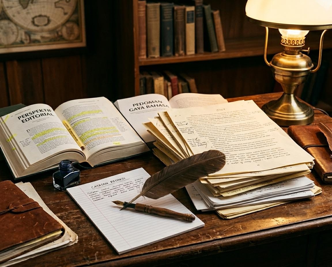 Meja editor dengan beberapa naskah, buku referensi, dan lampu baca hangat.